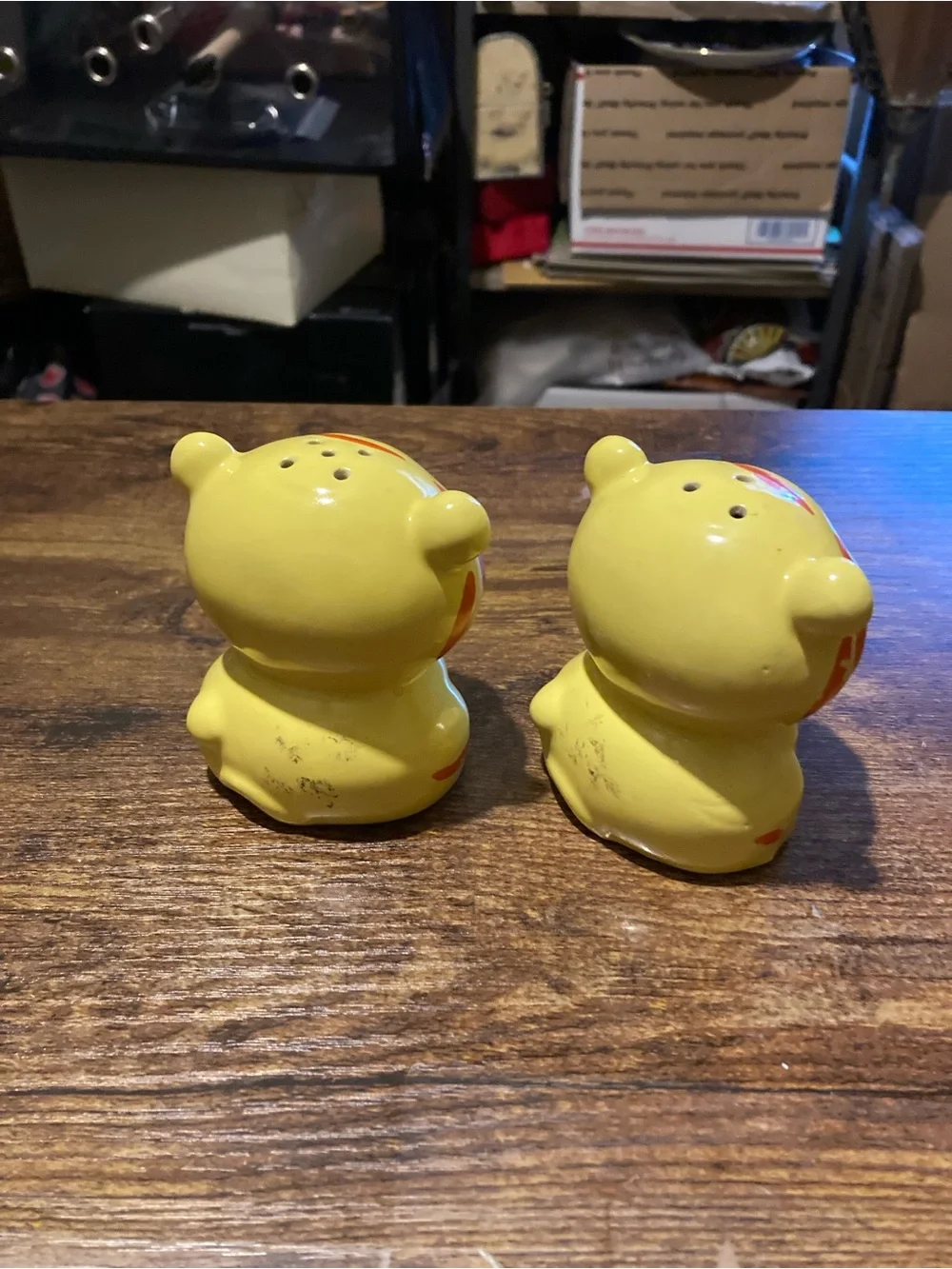 Whimsical yellow w/orange ceramic cat salt & pepper shakers